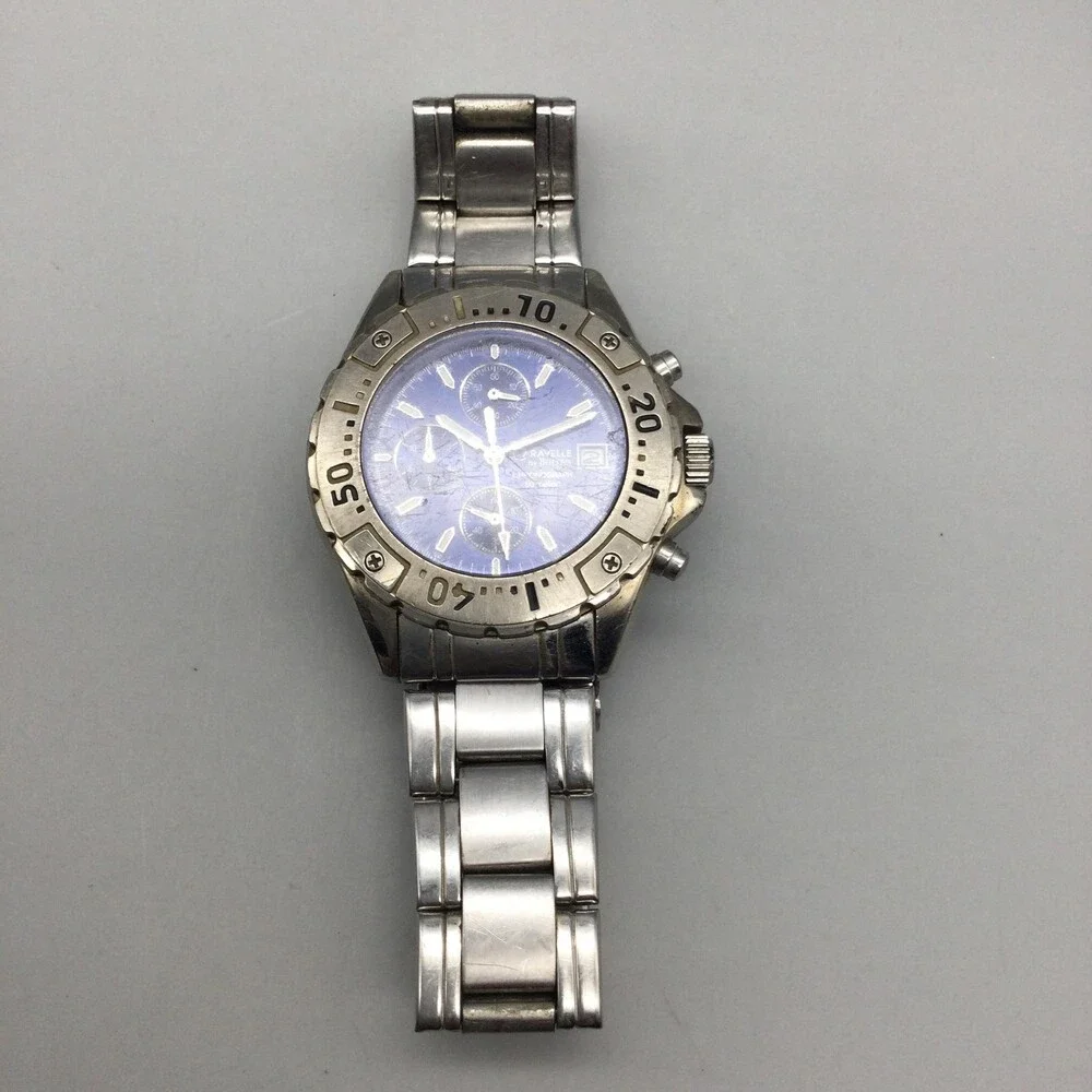 Caravelle By Bulova Mens Watch 39mm Blue Dial Chronograph New Battery 8.25